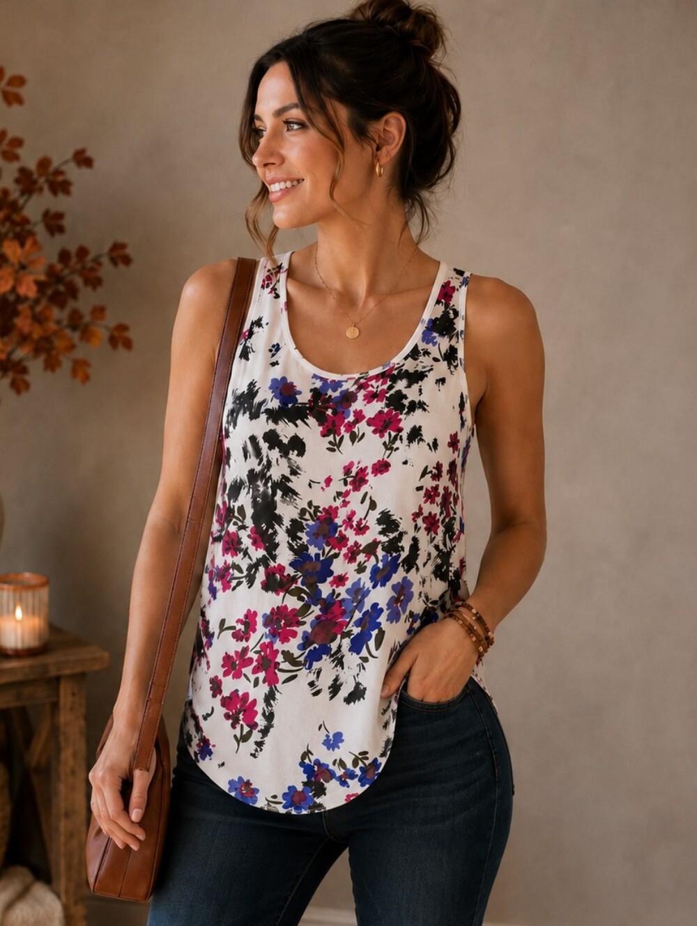Standards & Practices | Floral Semi-Sheer High-Low Tank Top, Size M